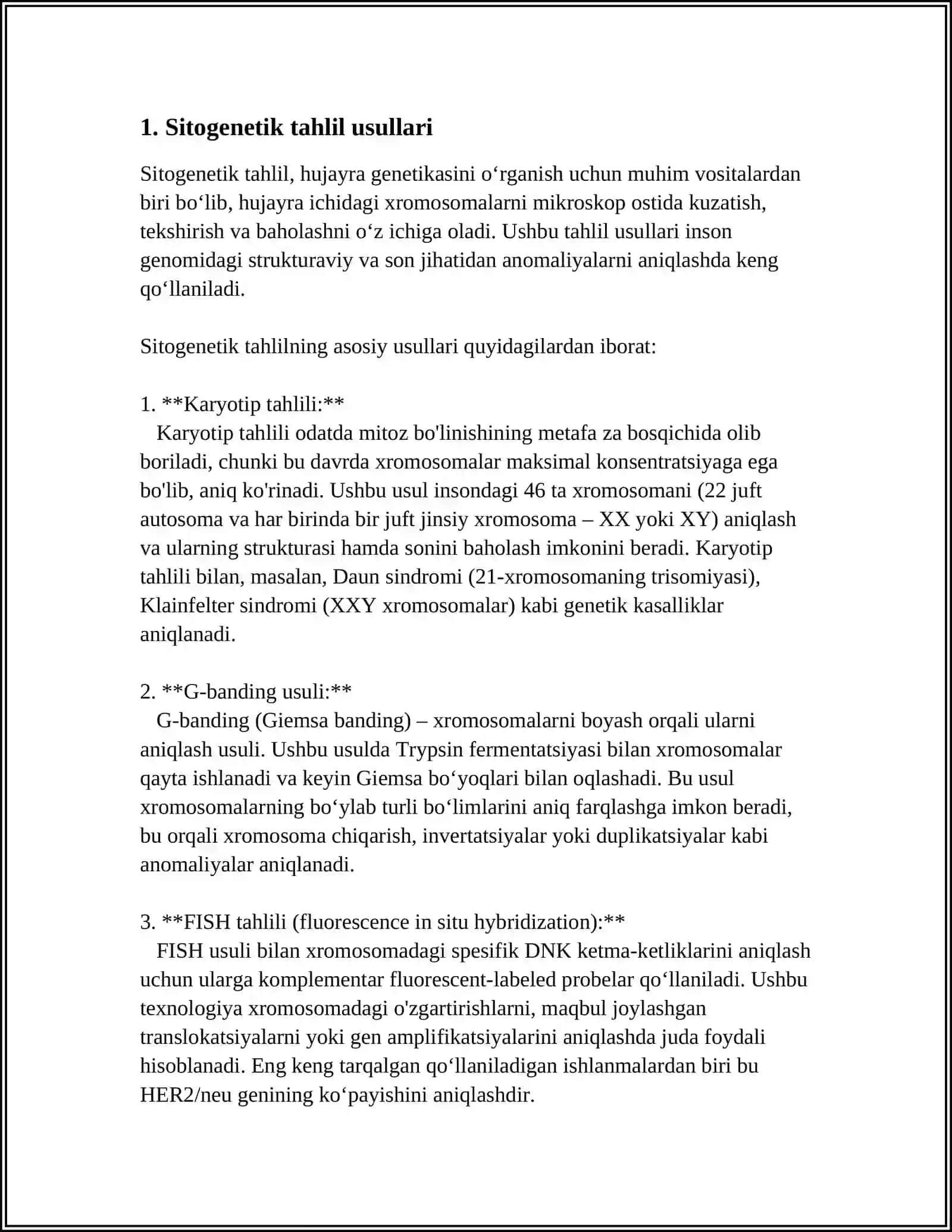 ODAM GENETIKASINI OʻRGANISH USULLARI: SITOGENETIK, DERMATOGLIFIKA, BIOKIMYOVIY. PERNATAL DIAGNOSTIKA 3