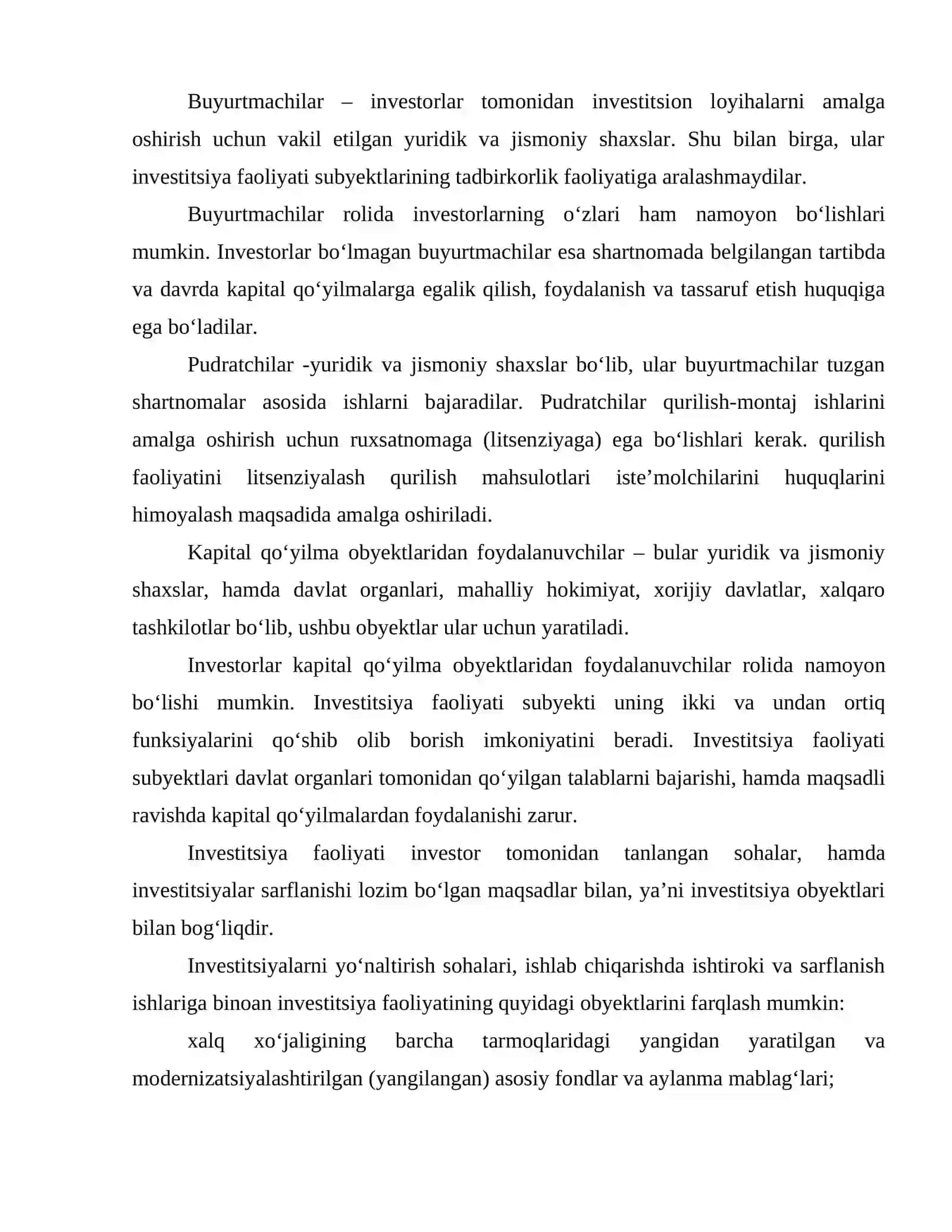 Investitsiya faoliyati obyektlari, subyektlari va investitsiya faoliyatining yoʻnalishlari 3