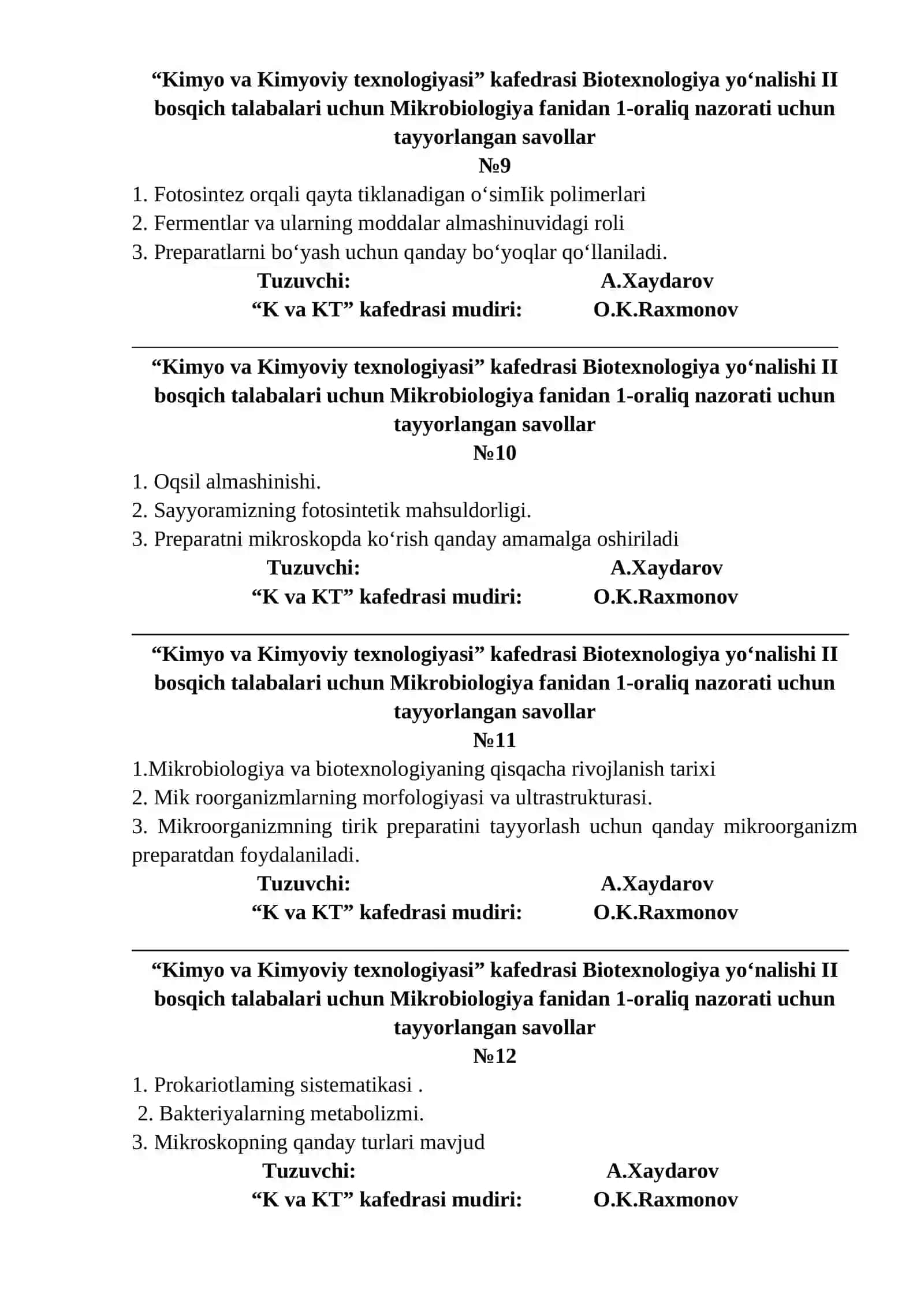 Biotexnologiya yo‘nalishi II bosqich talabalari uchun Mikrobiologiya fanidan 1-oraliq nazorati uchun tayyorlangan savollar 3
