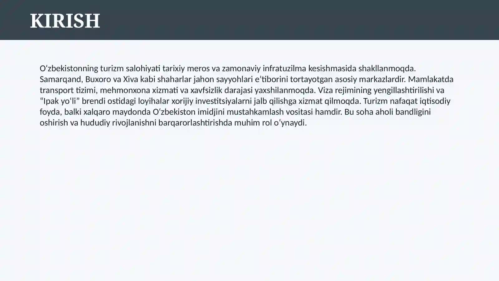 O‘ZBEKISTONDA TURIZMNI RIVOJLANTIRISHNI O‘ZIGA XOS XUSUSIYATLARI VA ISTIQBOLLARI 3