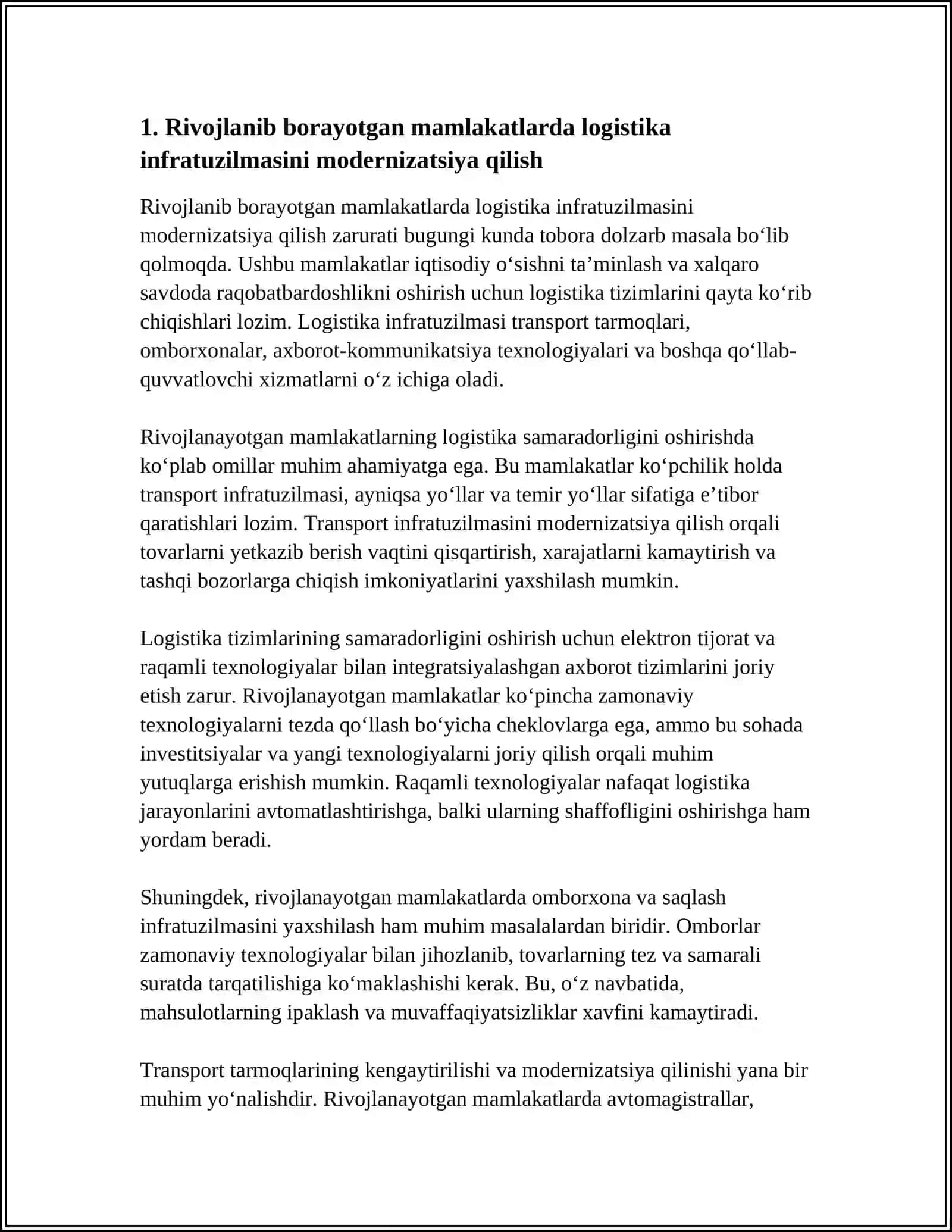 RIVOJLANIB BORAYOTGAN MAMLAKATLARDA LOGISTIKA SAMARADORLIGI TIZIMINI TASHKIL ETISH YOLLARI 3