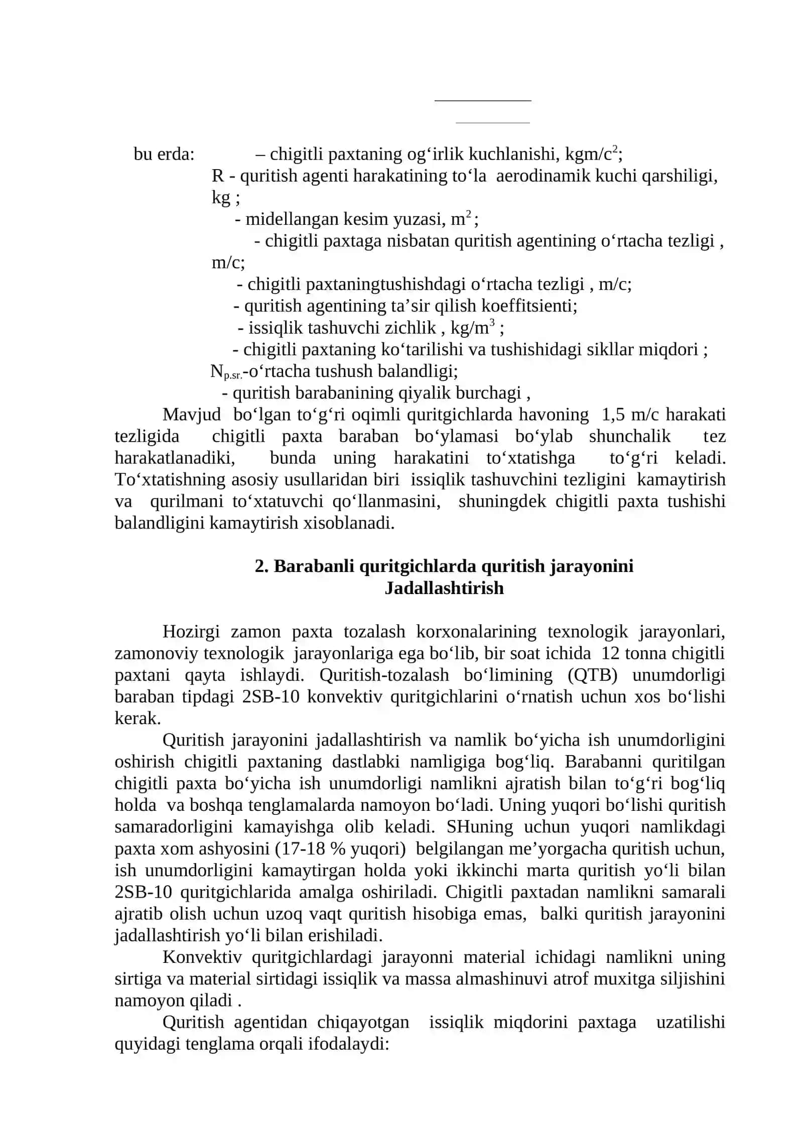 Paxta xomashyosining barabanda bo’lish vaqti va quritish jarayoning jadallashtirish 3