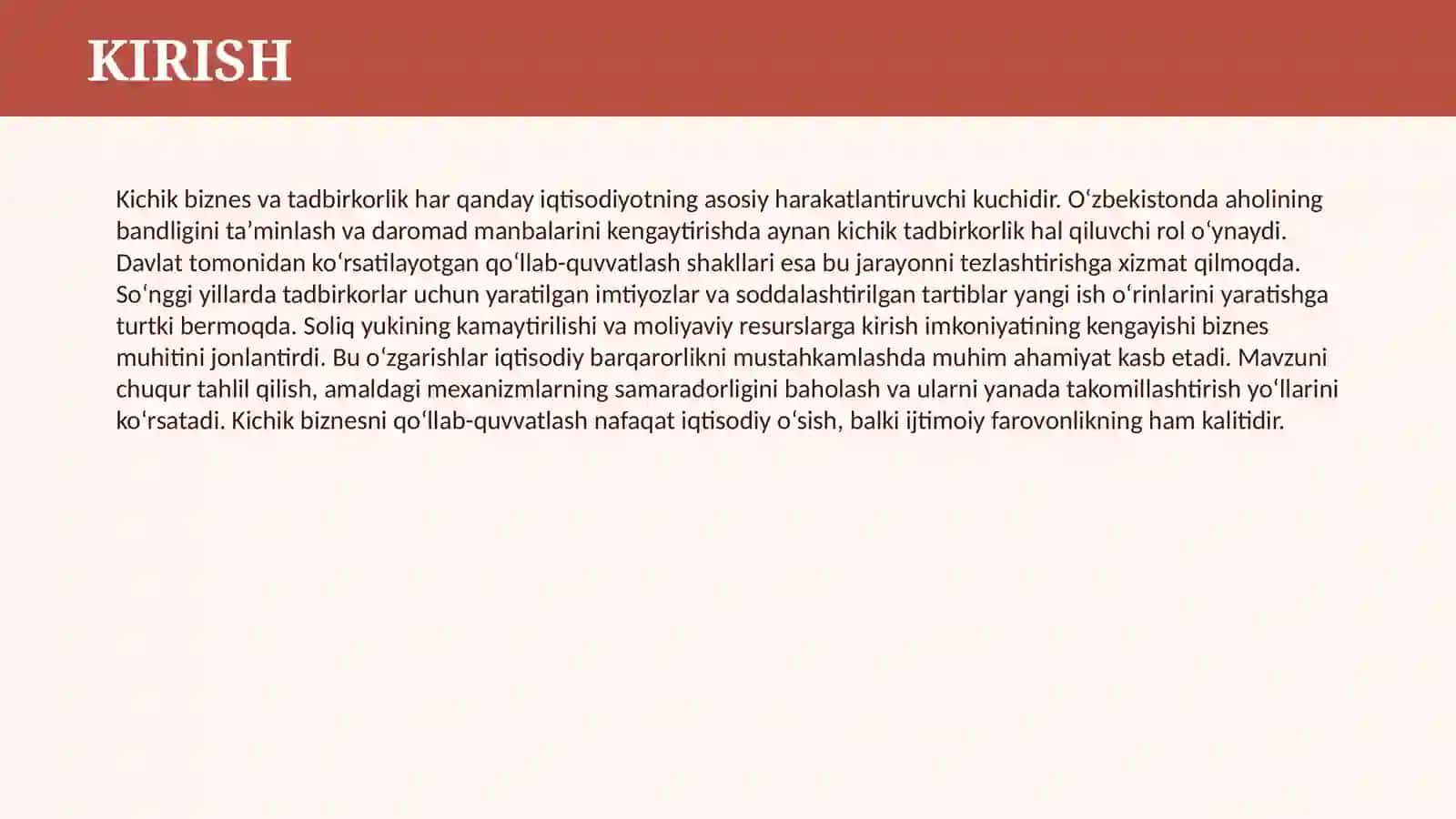 O'ZBEKISTONDA KICHIK BIZNES VA TADBIRKORLIK SUBYEKTLARINI DAVLAT TOMONIDAN QO`LLAB QUVVATLASH SHAKLLARI 3