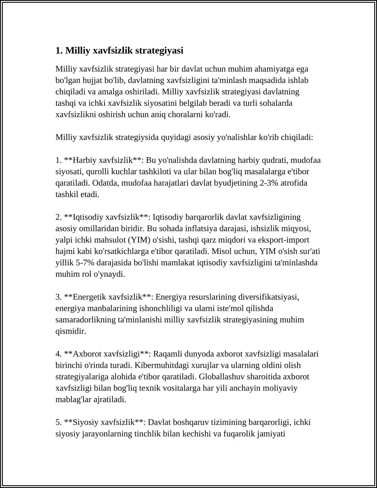 MUSTAQIL ISH Mavzu: MILLIY HAVFSIZLIKNI TAMINLASH BORASIDA AMALGA OSHIRILAYOTGAN ISHLAR 3