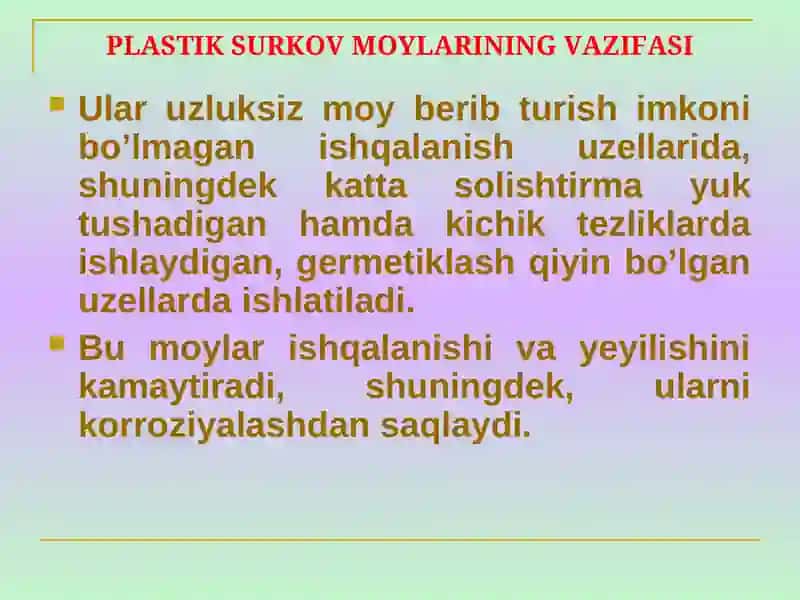 Transport vositalarida ishlatiladigan plastik surkov moylari 3