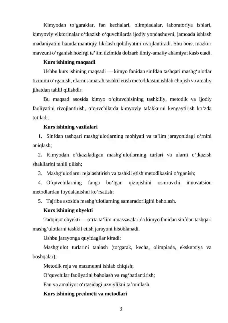 Kimyodan sinfdan tashqari mashg‘ulotlar sistemasi va o‘tkazish metodikasikimyo 3