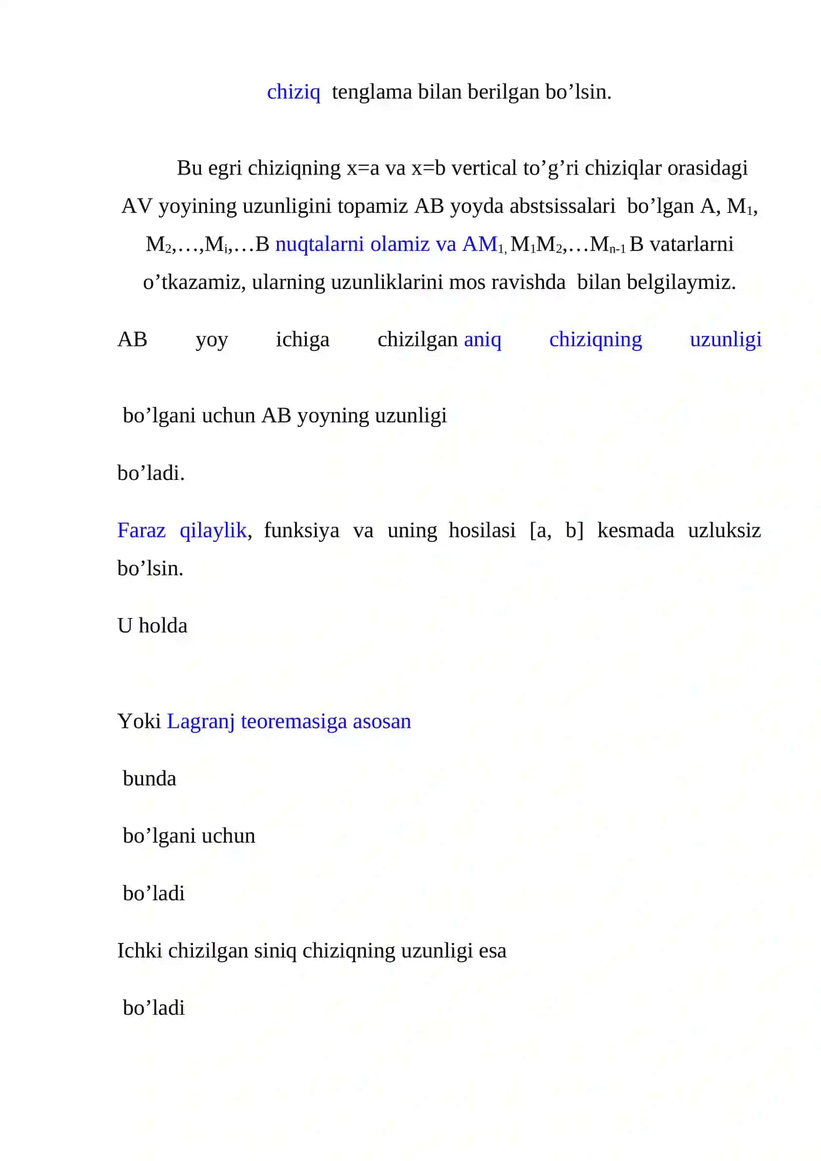 Aniq integralning tadbiqlari (Yassi shaklning yuzasi.Egri chiziq yoyi uzunligi, Hajmlarni hisoblash) 3