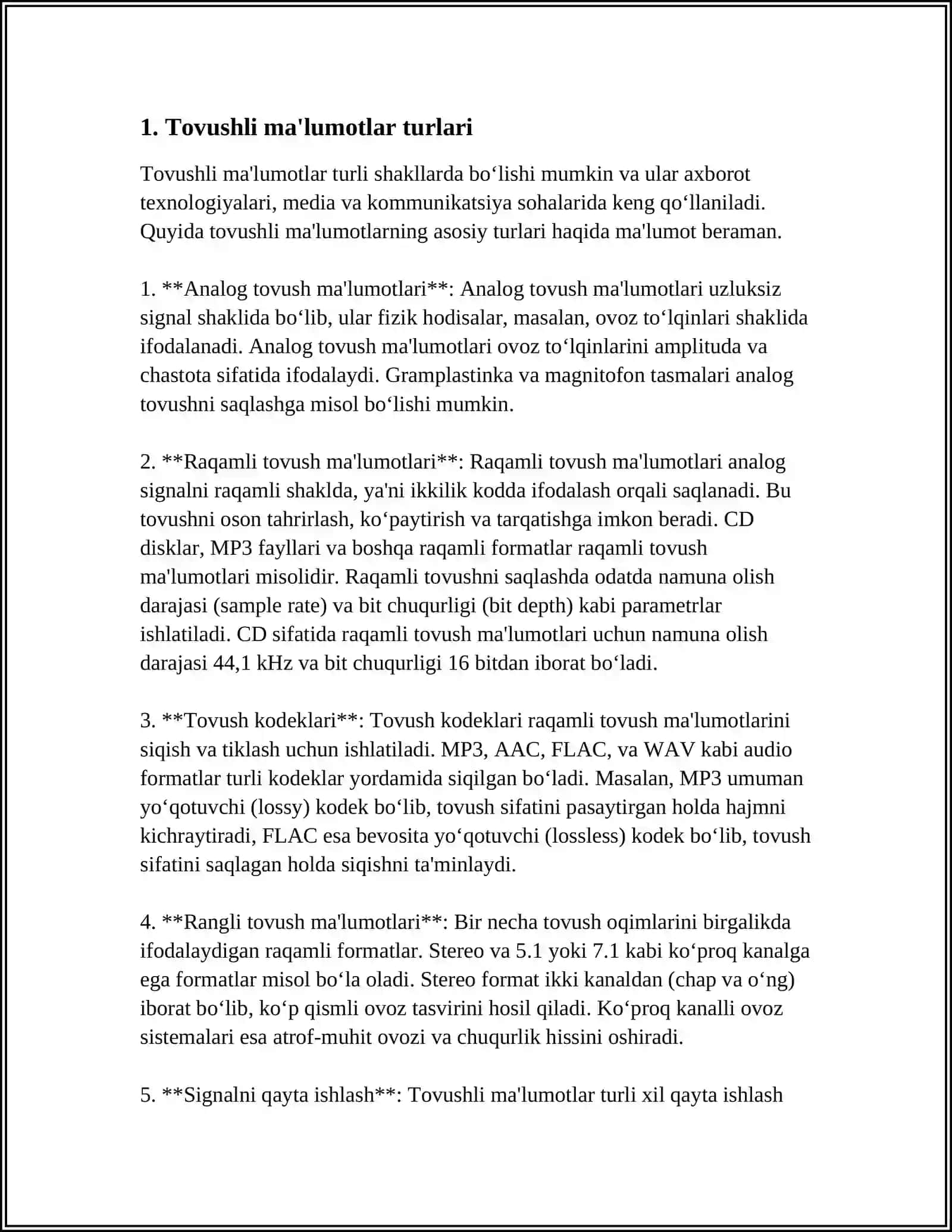 MUSTAQIL ISH Mavzu: TOVUSHLI MA'LUMOTLAR VA ULAR BILAN ISHLASH 3