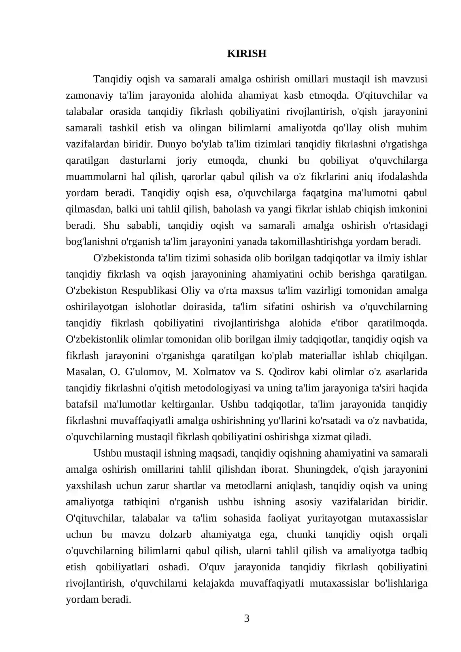 Tanqidiy oqish va samarali amalga oshirish omillari mustaqil ish 3