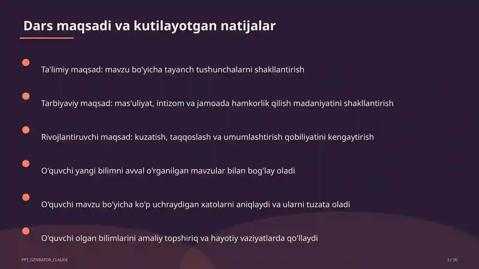 Ta'limiy maqsad: mavzu bo'yicha tayanch tushunchalarni shakllantirish 3