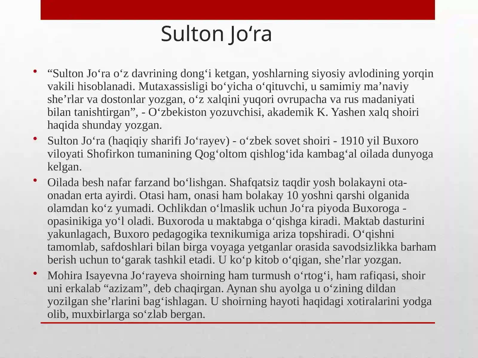 Zafar Diyor, Sulton Joʻra va Sh.Sa’dullaning hayoti va ijodi. Hakim Nazir, Poʻlat Moʻmin va Qudrat Hikmatning hayoti va ijodi.Bolalar fol'klori tabiati va janriy tarkibi. [] va Farhod Musajon hayoti va ijodi 3