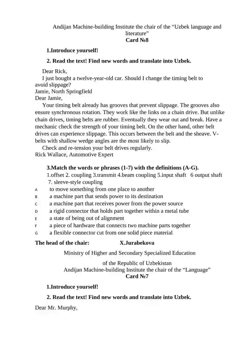 Andijan Machine-building Institute, "Uzbek language and literature" department, Card №10 3
