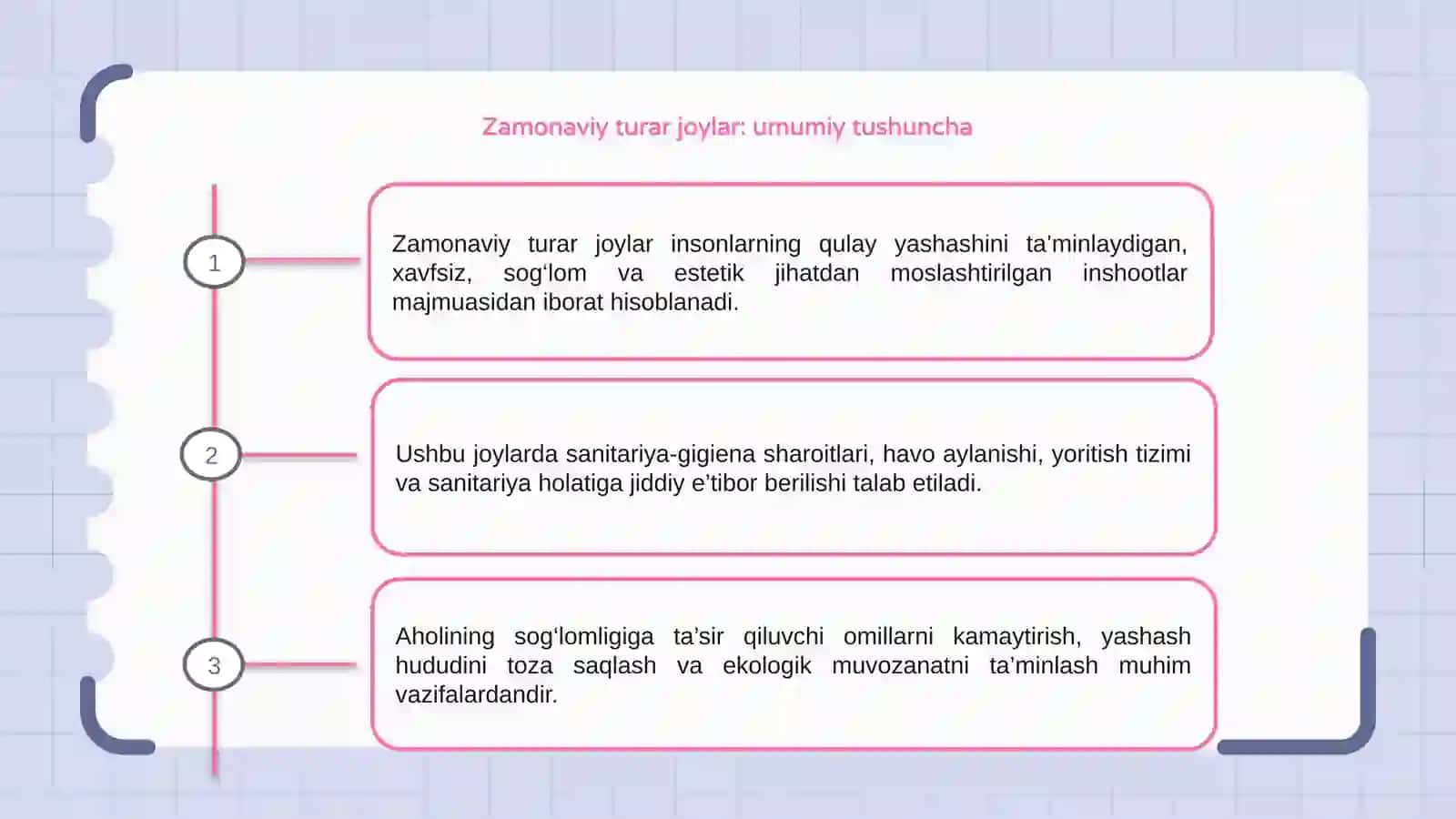 Zamonaviy turar joylar va shaharlardagi yashash mavzelariga bo'lgan gigienik talablar 3