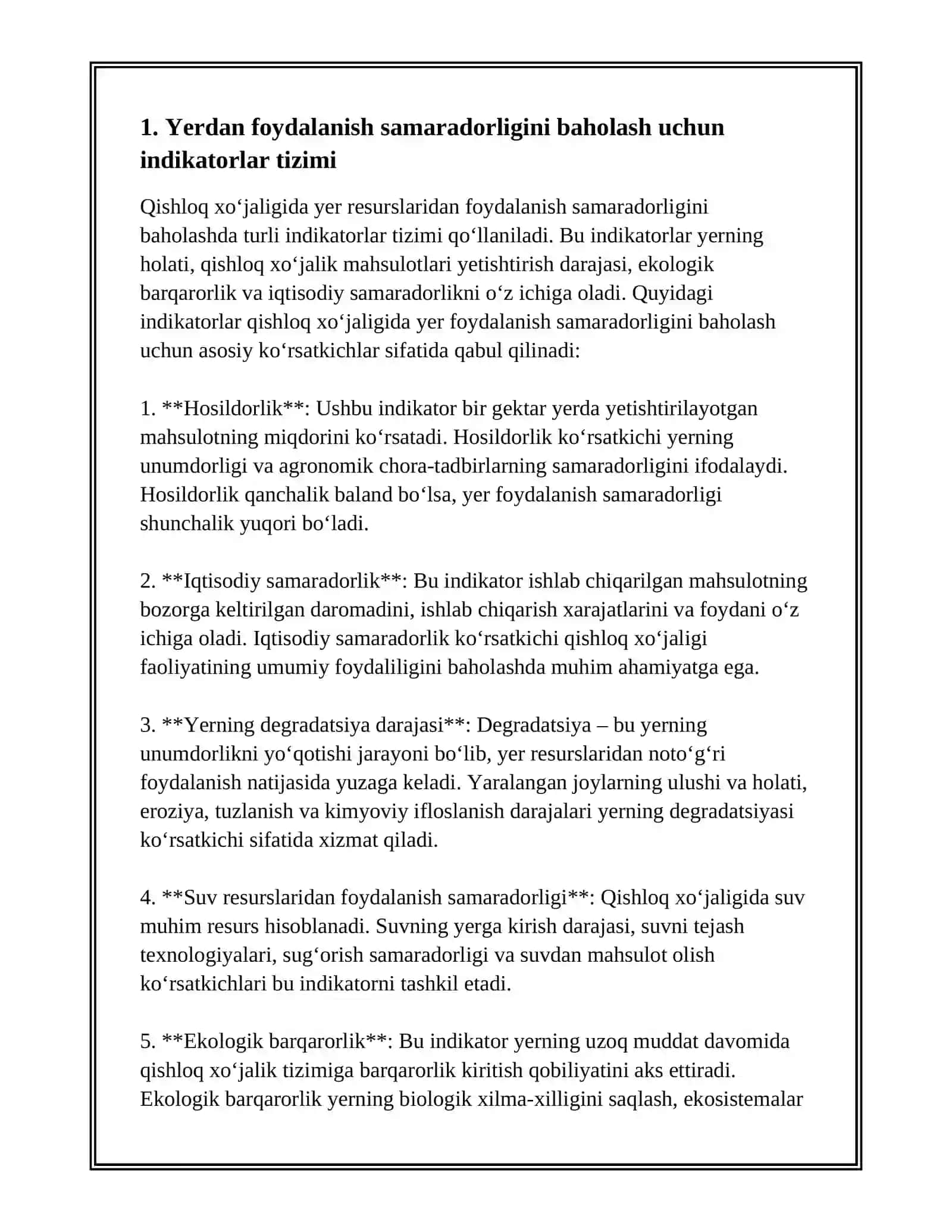 QISHLOQ XOʻJALIGIDA YERDAN FOYDALANISHNING DARAJASINI VA SAMARADORLIGINI ANIQLASH USULLARI 3