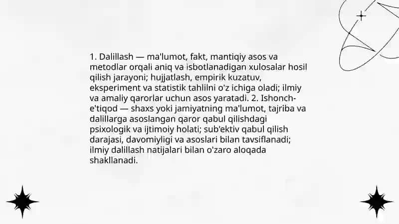 Dalillash va ishonch-e`tiqosning shakllanishi jarayoni mavzularida har biriga taqdmot tayyorlash & referat tayyorlash 3