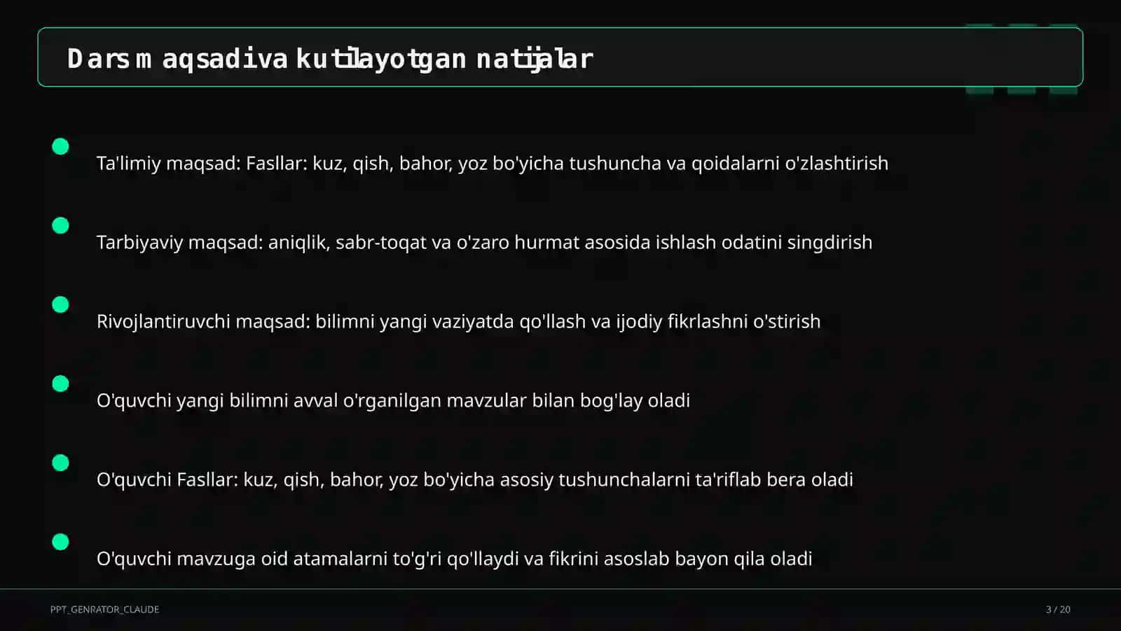 Tabiatshunoslik (1-sinf) Dars Rejasi 3