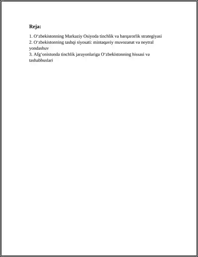 OʻZBEKISTONNING MARKAZIY OSIYODA TINCHLIK VA BARQARORLIKNI TAʼMINLASHDAGI OʻRNI 3