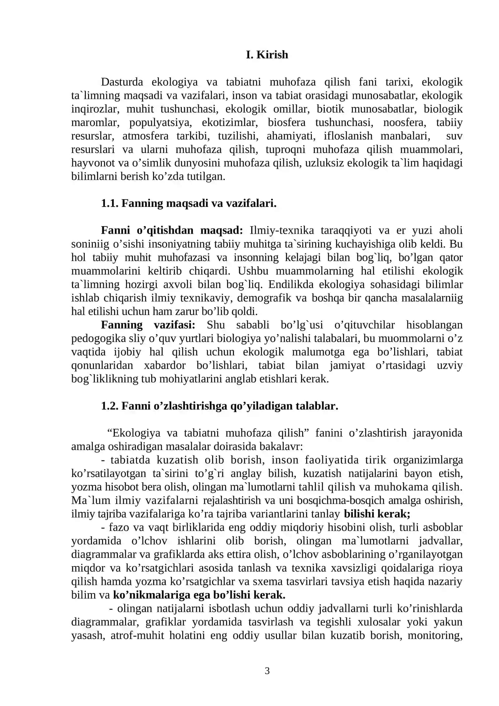 EKOLOGIYA VA TABIATNI MUHOFAZA QILISH ishchi o`quv fan dasturi 3