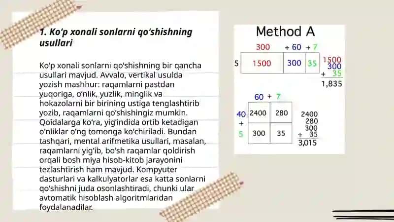 Koʻp xonali sonlar ichida masalalar yechish metodlaridan foydalanish 3