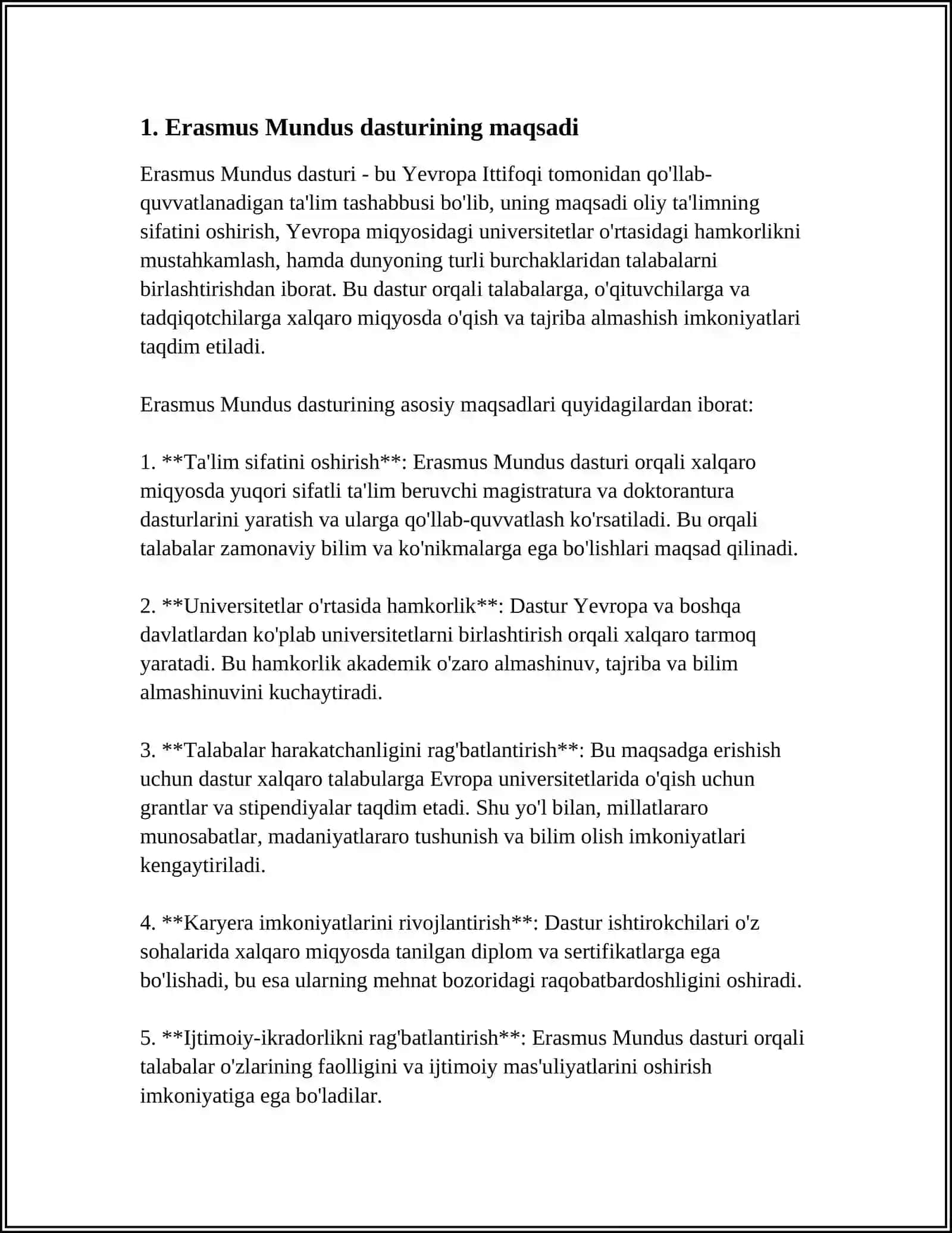 MUSTAQIL ISH Mavzu: CHET EL MAMLAKATLARIDA TA’LIMNI RIVOJLANTIRISH DASTURIDAN ERASMUS MUNDUS DASTURI BO’YICHA ERISHILGAN 3