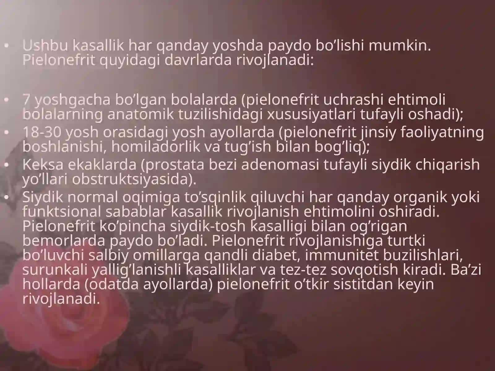 O`tkir va surunkali piyelonefrit. Simptomlari,asoratlari va davolash yo`llari. 3
