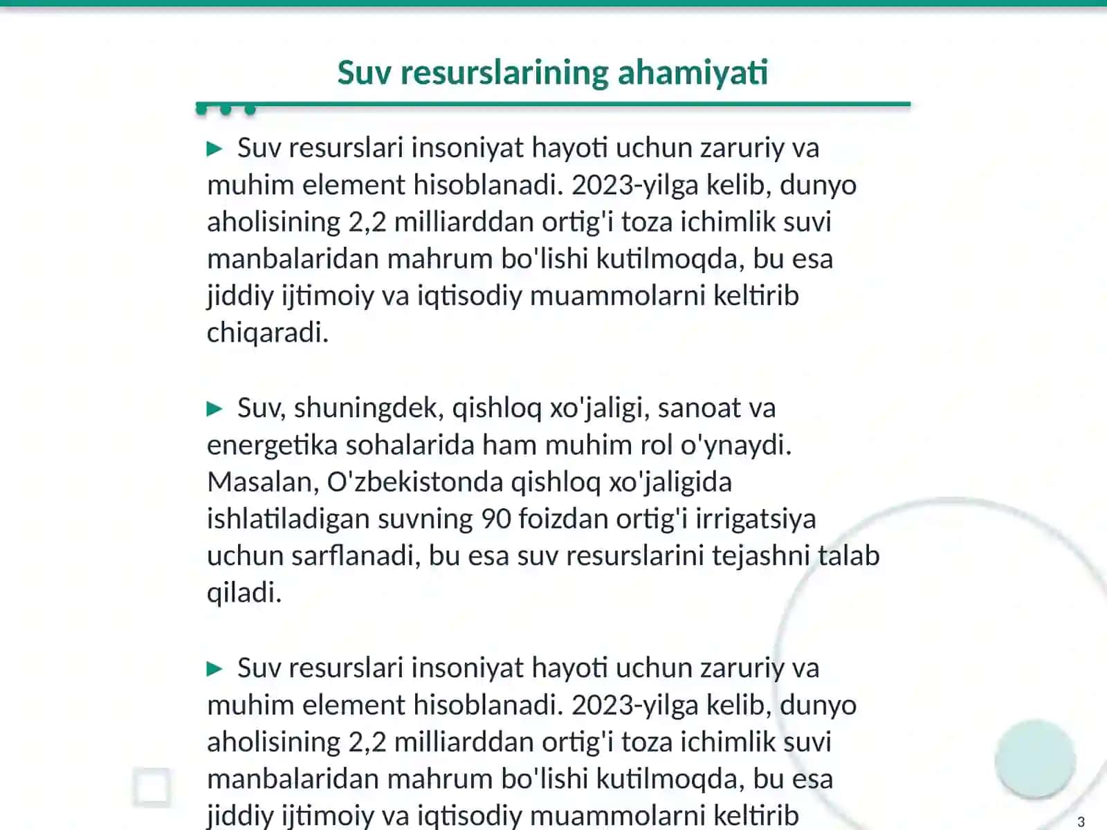 Suv resurslarini tejash va ifloslanishidan himoya qilish 3
