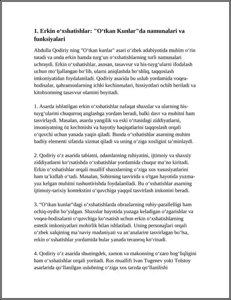 ABDULLA QODIRIY "OʻTKAN KUNLAR" ASARIDA ERKIN VA TURGʻUN OʻXSHATISHLAR 3
