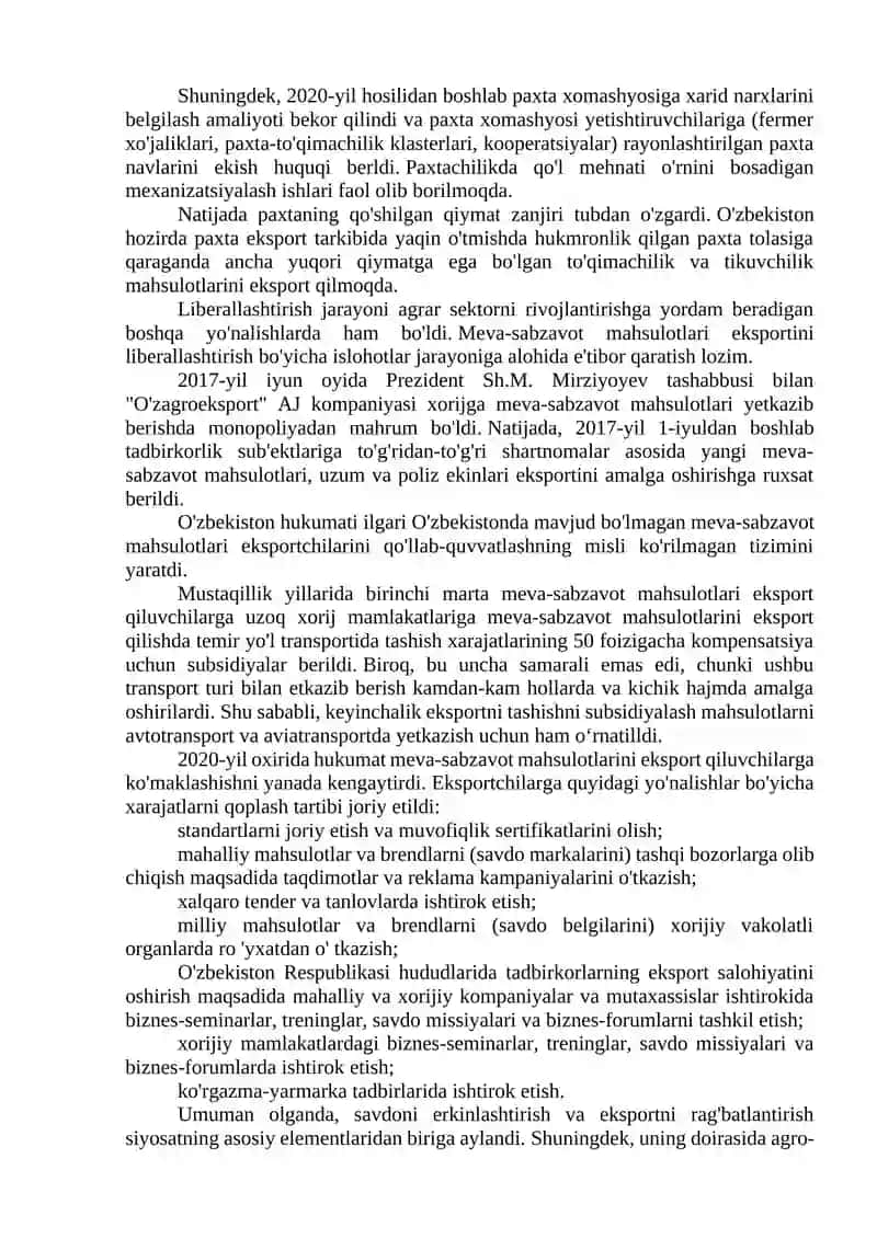 O‘zbekistonda eksportni rivojlantirishda qishloq xo‘jaligining o‘rni 3