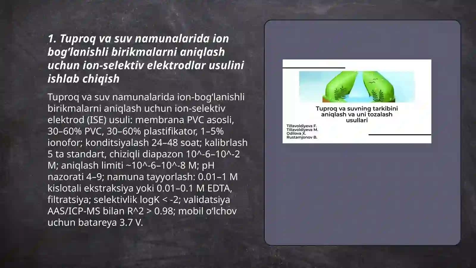 Tuproq va suvning ifloslanishida ion bogʻlanishli birikmalarni aniqlab tozalash usulini ishlab chiqish 3