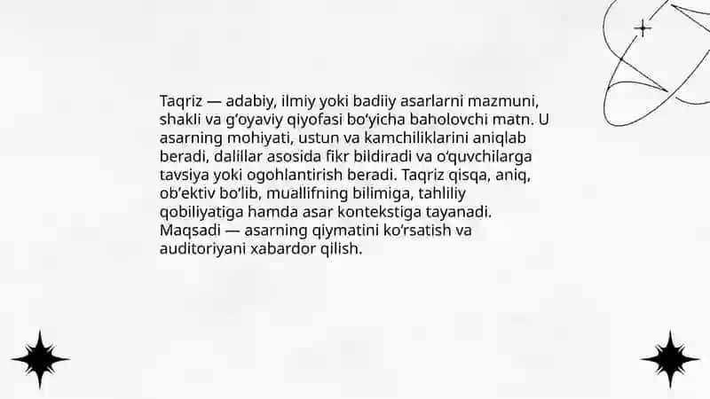 Taqriz matni. Taqrizning turlari. Taqrizning tuzilishi 3