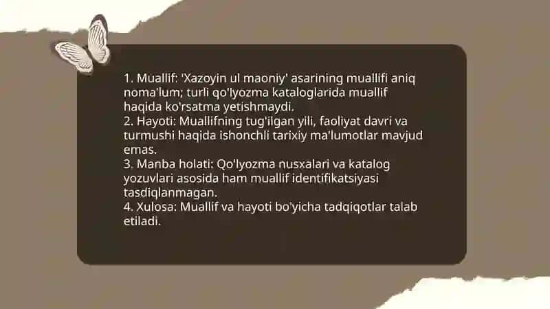 Xazoyin ul maoniyning qoʻlyozmasi va asar haqida maʼlumot 3