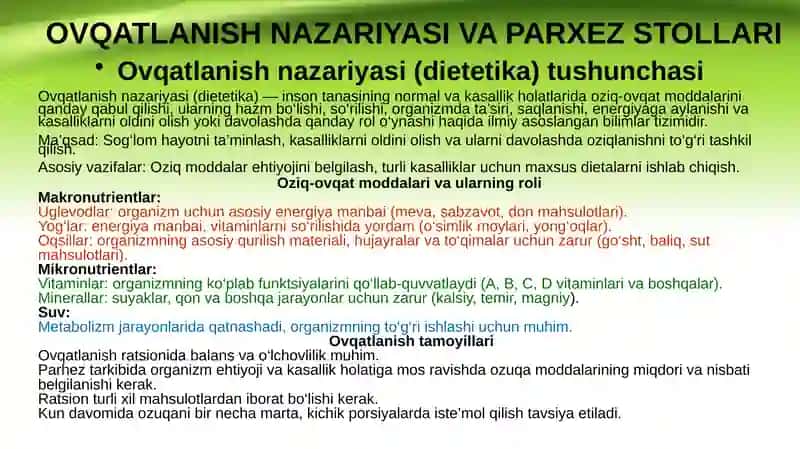 Tibbiyotda ovqatlanish nazariyasi. Parxez stollari.Alimentar avitaminozlarni kelib chiqish sabablari va profilaktikasi.Alimentar zaharlanish.Enzimodiagnostika.Enzimopatiya.Enzimopatalogiya 3