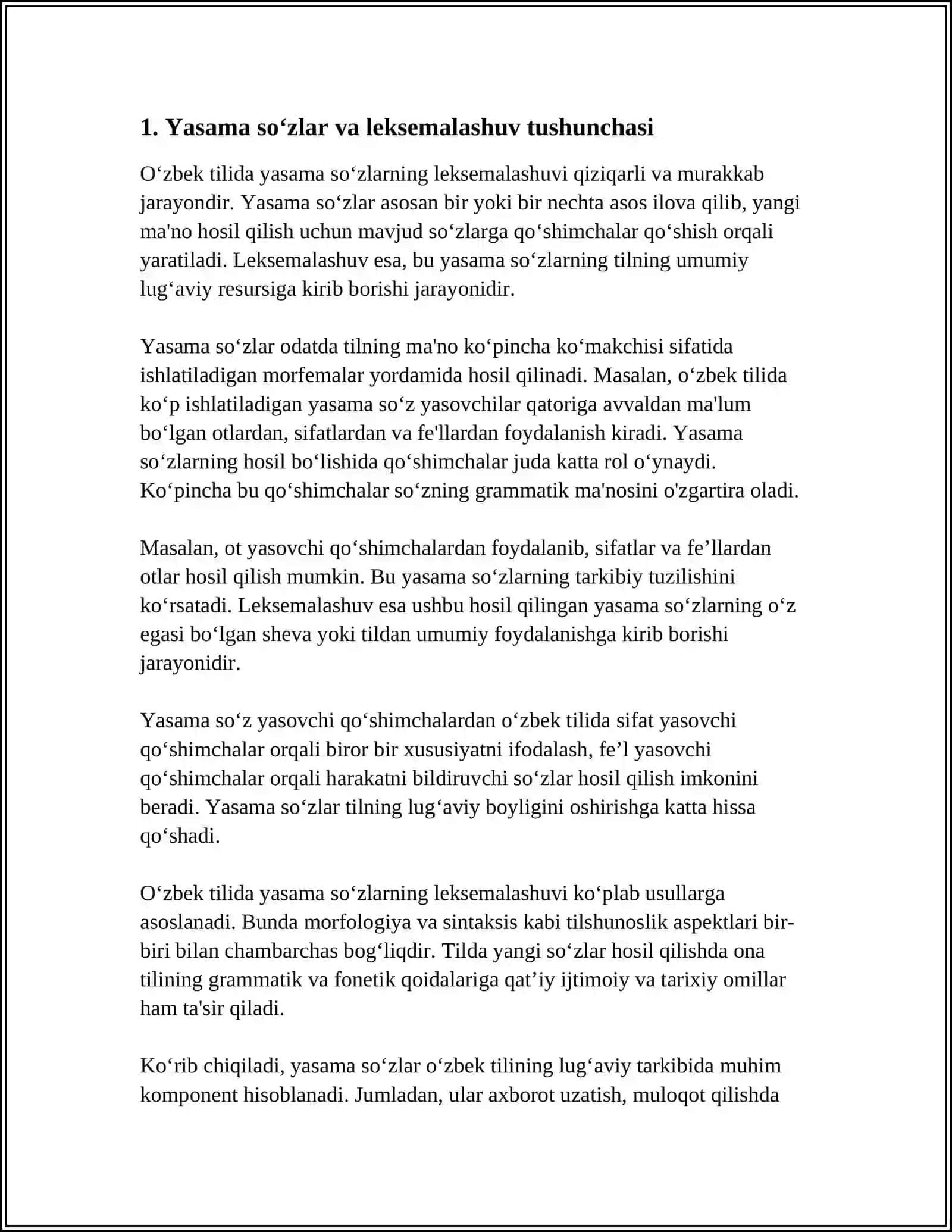 Oʻzbek tilida yasama soʻzlar yasovchilar. Yasama soʻzlar va leksemalashuv tushunchasi, deritvasion qoʻshimchalar, fleksiyalashuv 3