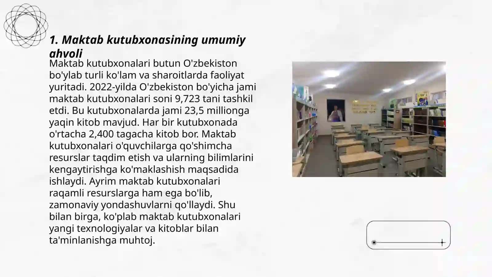 Maktab kutubxonasidagi darsliklar, elektron resurslar hamda fan xonalarining jihozlanishini o`rganish 3