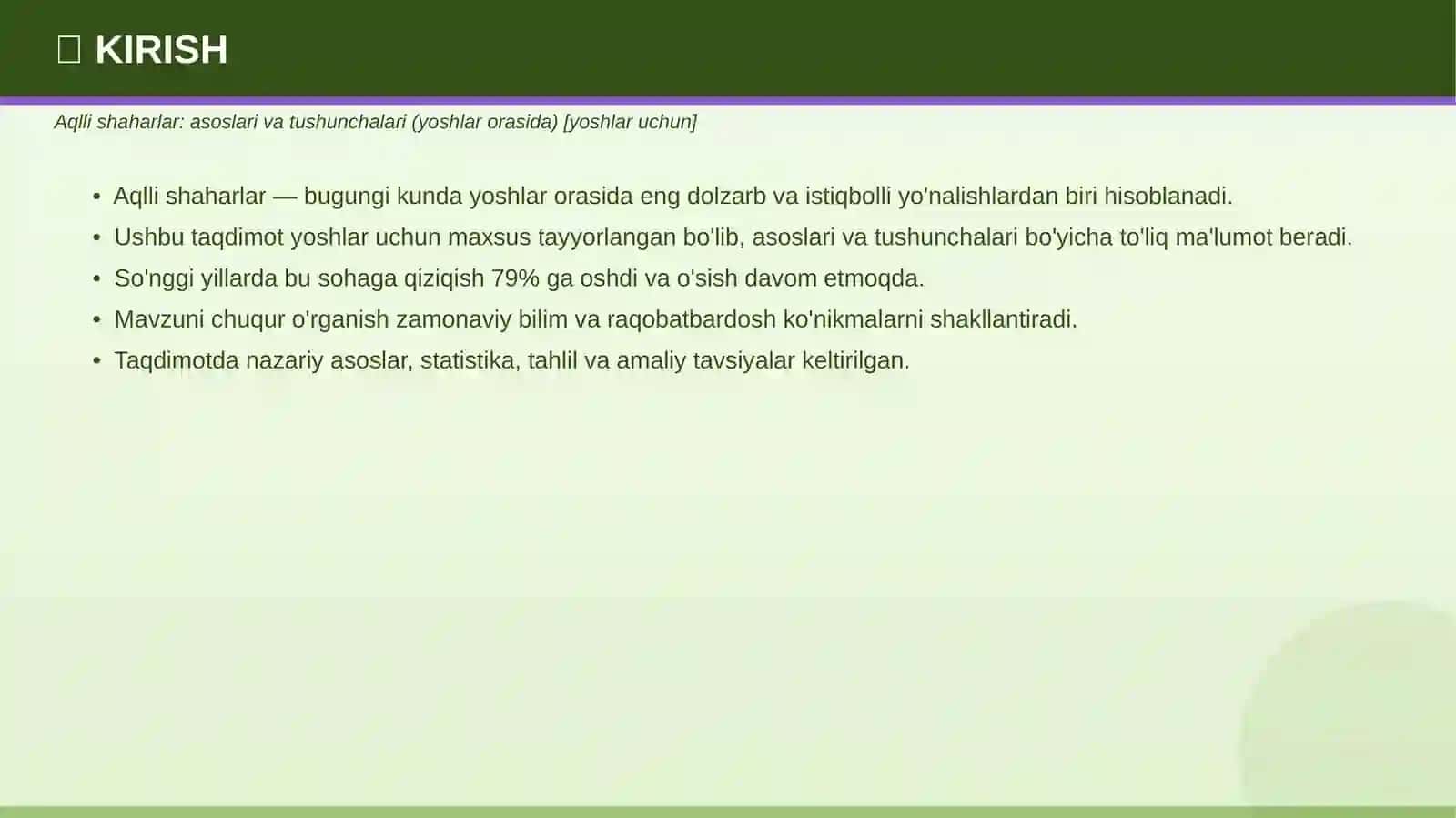 Aqlli shaharlar: asoslari va tushunchalari (yoshlar orasida) 3