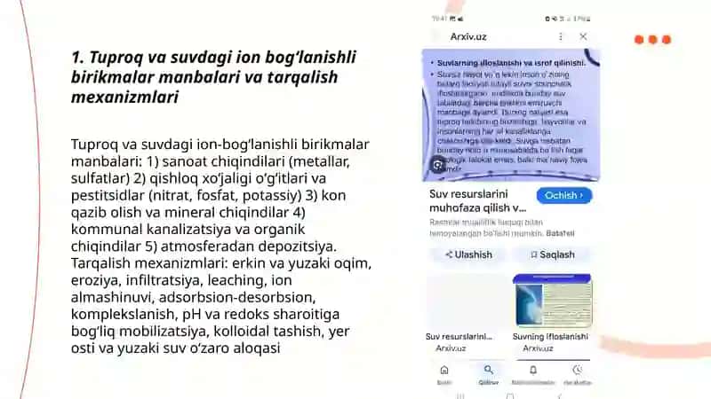 Tuproq va suvning ifloslanishida ion bogʻlanishli birikmalarni aniqlab ulardan tozalash usulini ishlab chiqish 3