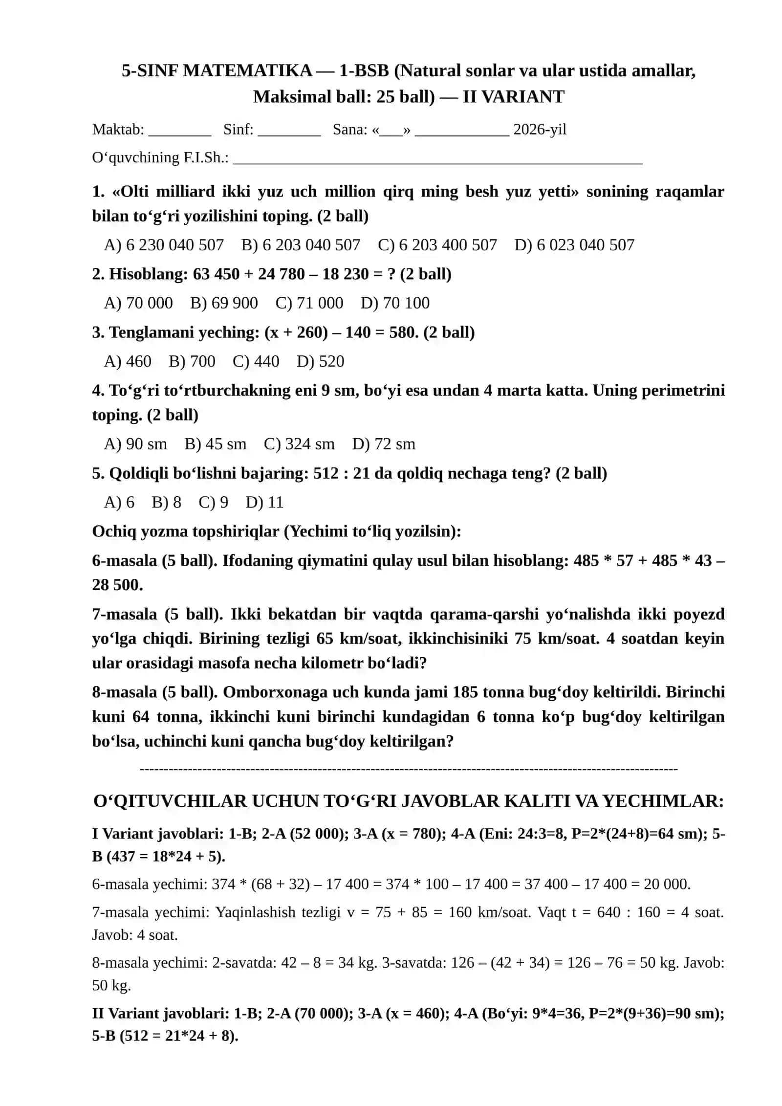 5–6-sinf «Matematika» fanidan BSB va CHSB nazorat ishlari to‘plami (I va II variant, baholash mezoni va javoblari bilan) 3