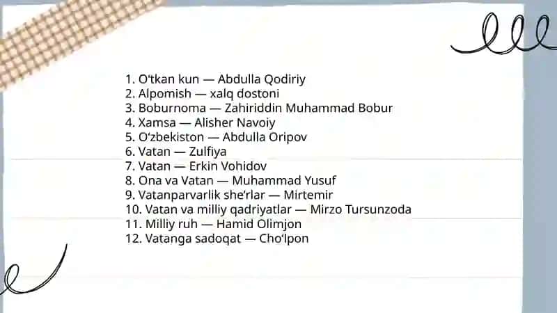 Vatanparvarlik va qadriyatlar uchun badiiy asarlar ro‘yxati 3