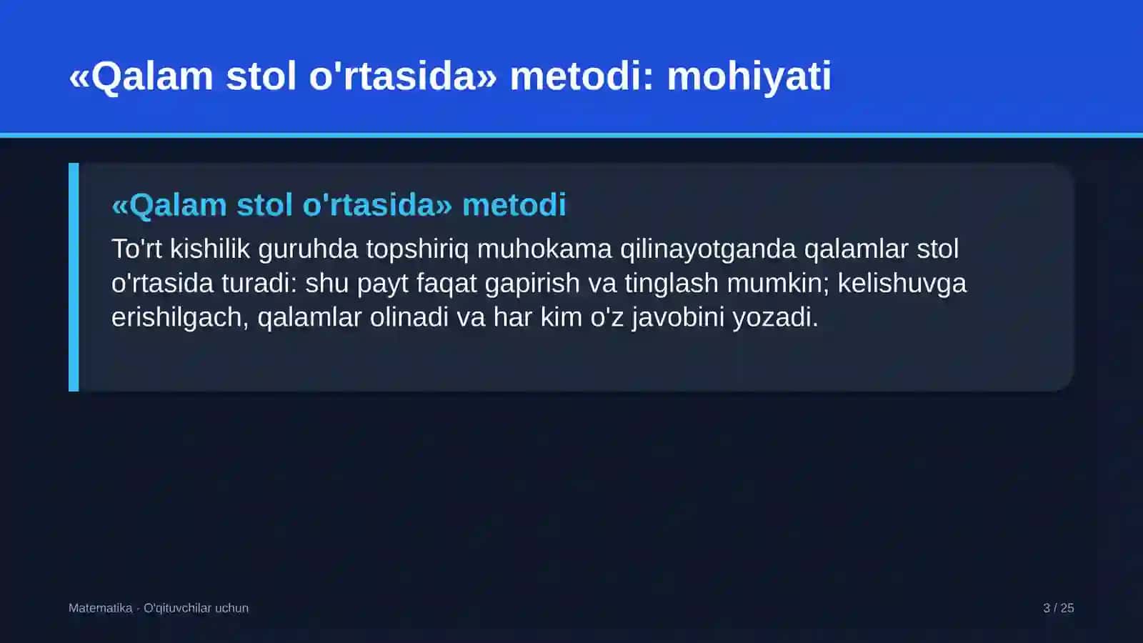 matematika darslarida qalam stol o'rtasida metodidan foydalanish 2443 3