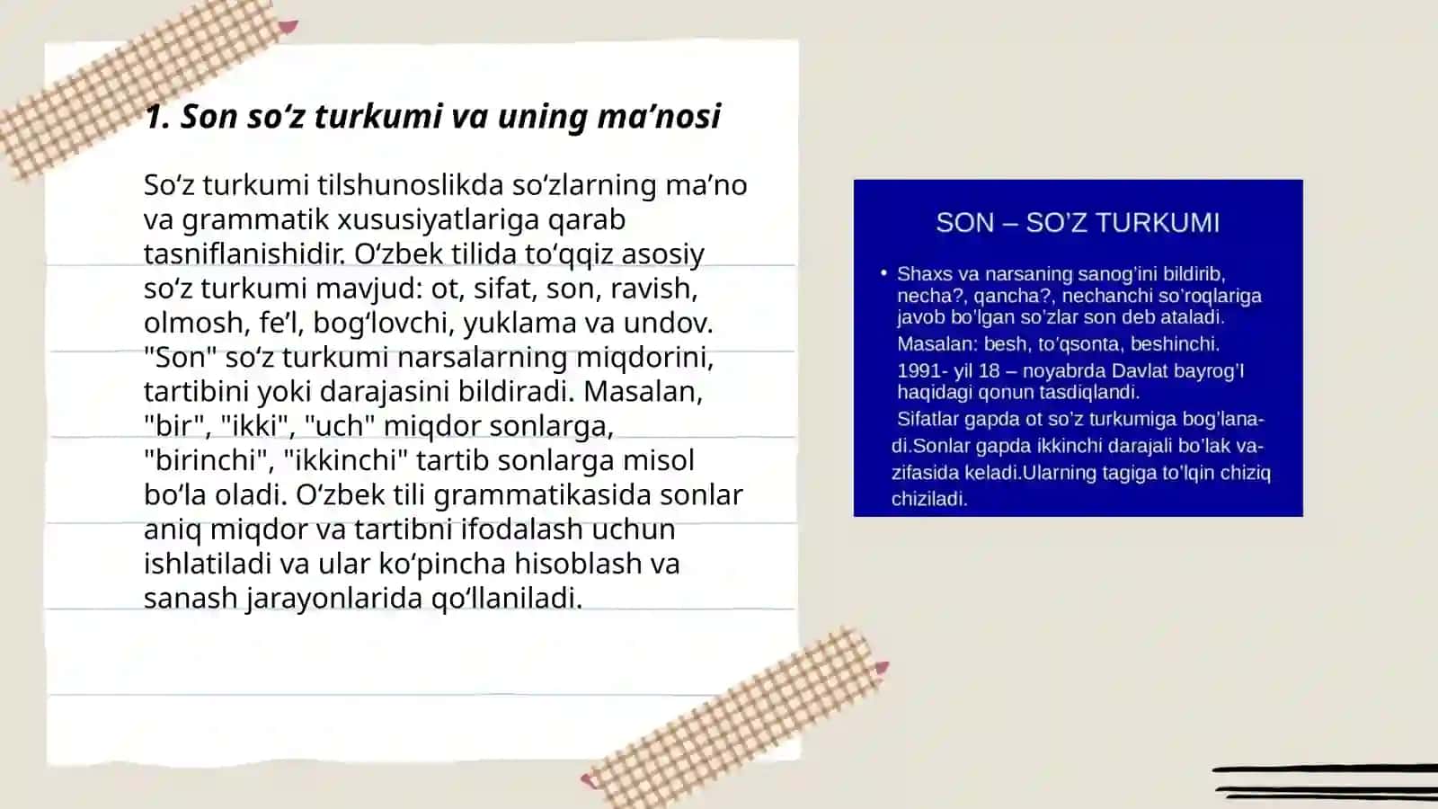 Son soʼz turkumi yuzasidan darslikda berilgan maʼlum Otlarni tahlil qilish 3