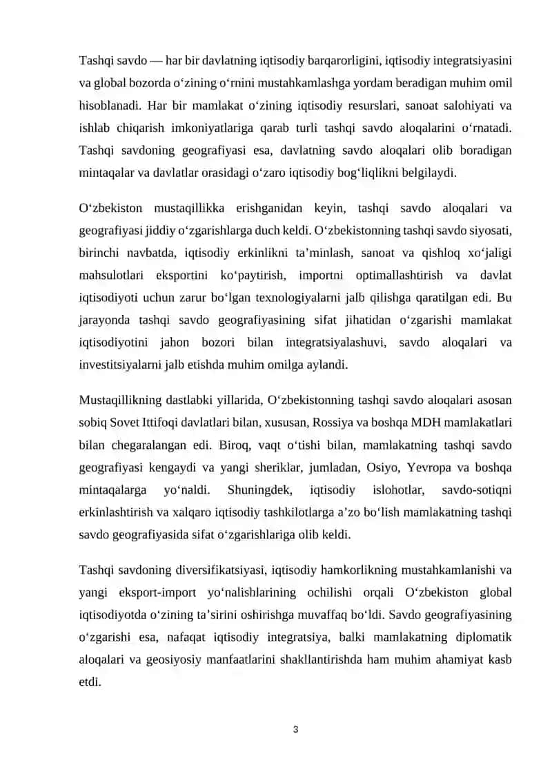 O’zbekiston tashqi savdo munosabatlari geografiyasining sifat jixatidan o’zgarib borishi 3
