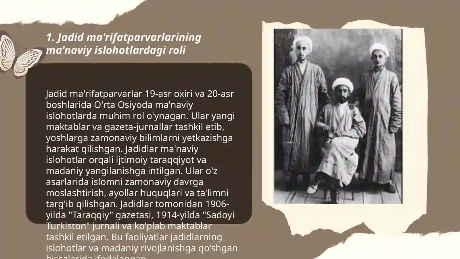 Jadid ma'rifatparvarlarining o'lka ijtimoiy-ma'naviy hayotida tutgan o'rni (Munavvar Qori, Fitrat, Behbudiy, Avloniy) 3