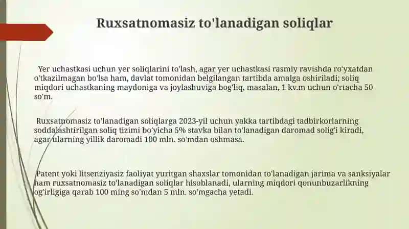 Ruxsatnomasiz to'lanadigan soliqlar 3