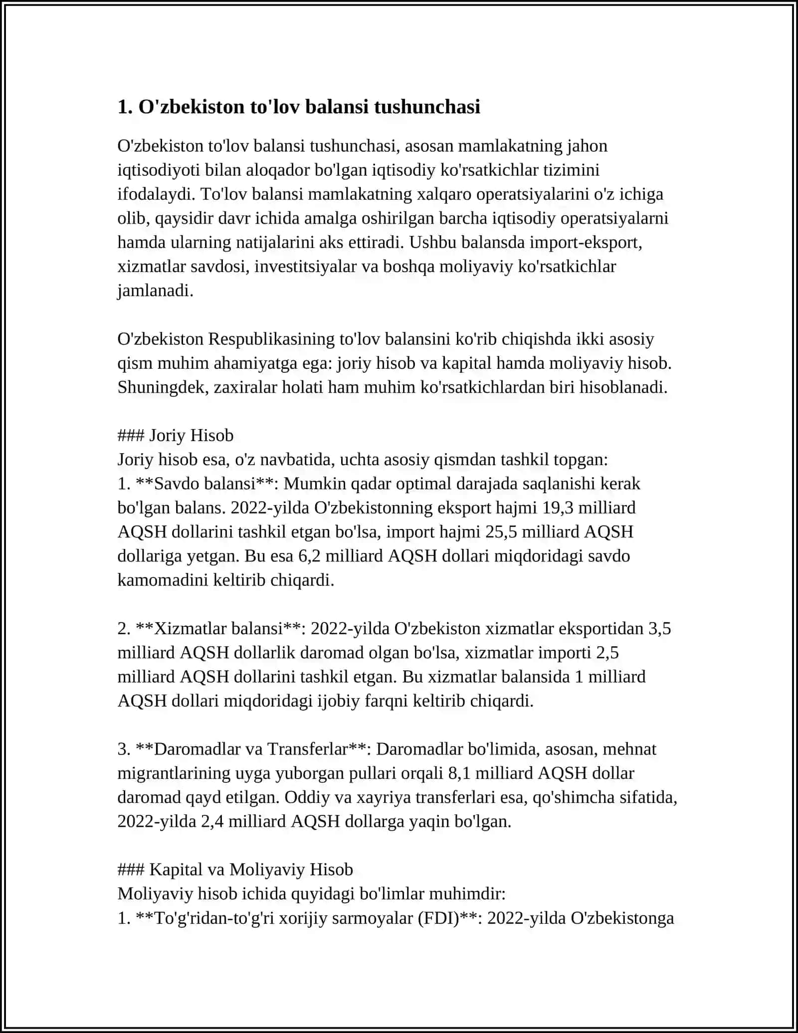 MUSTAQIL ISH Mavzu: O'ZBEKISTON RESPUBLIKASI TO'LOV BALANSI 3