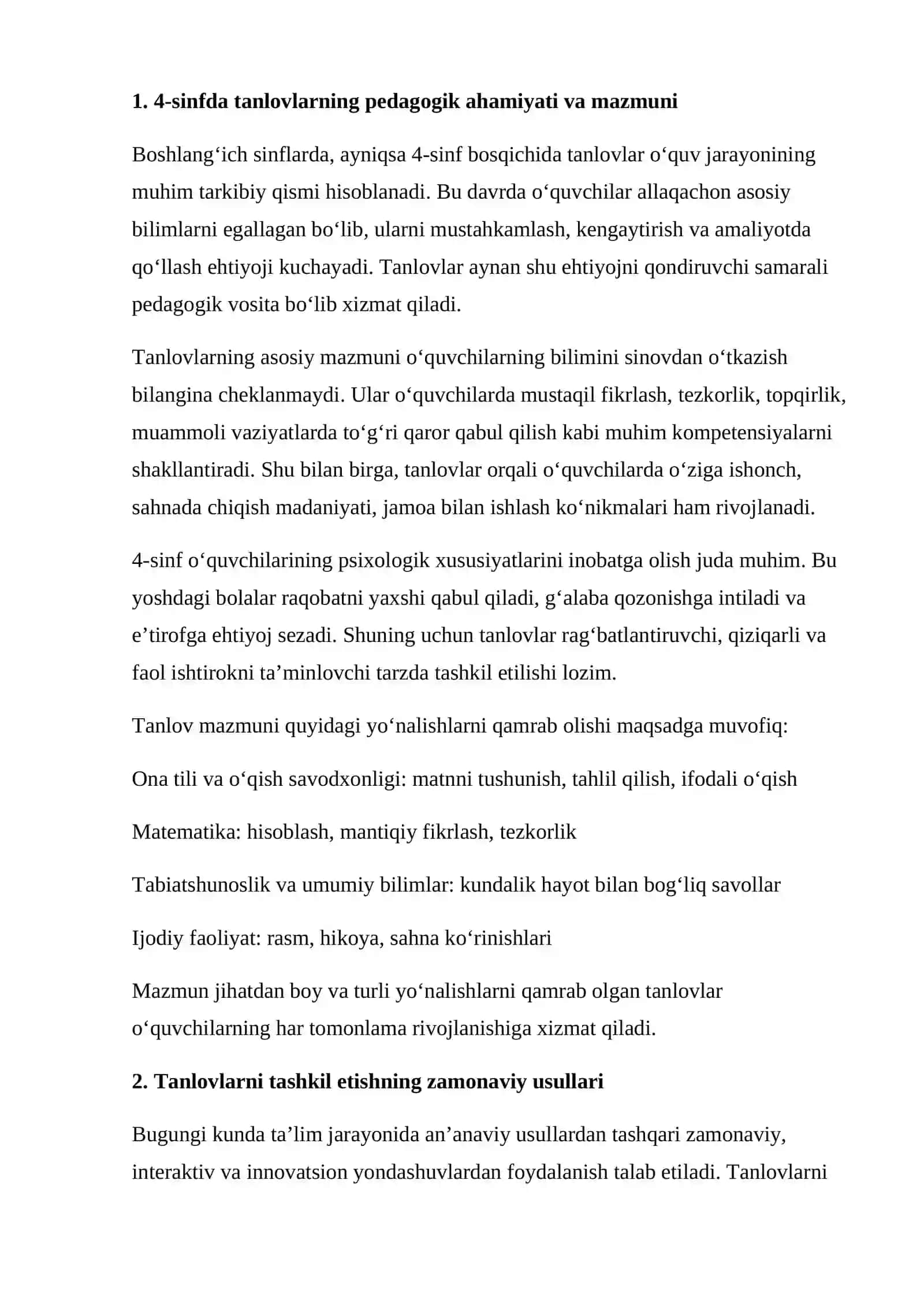 4-sinfda tanlovlarning mazmuni va ularni tashkil etish usullariga topshiriqlar tizimini ishlab chiqish 3