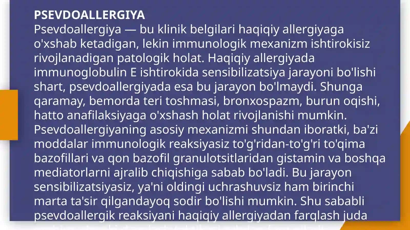 PSEVDOALLERGIYA, ATOPIK KASALLIKLAR, DORI VA OZUQAVIY ALLERGIYA PREZENTATSIYA 3