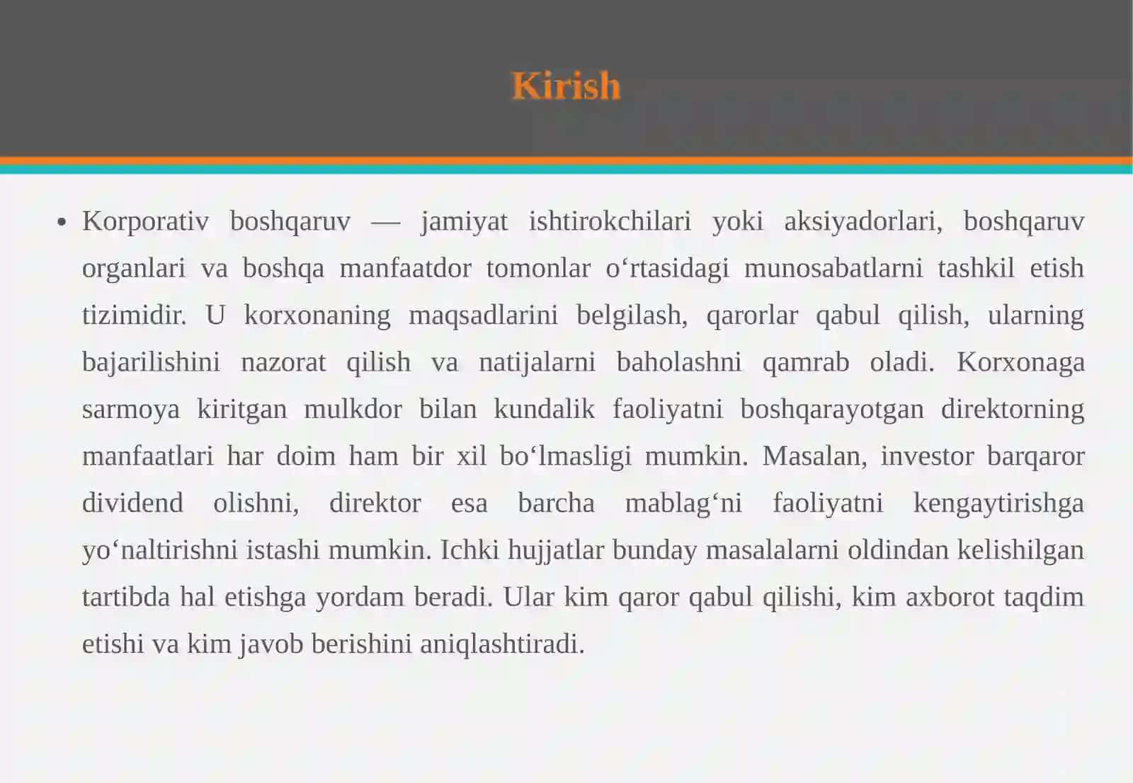 Korporativ boshqaruv tamoyillari va ichki hujjatlar:ustav, umumiy gi'ilish reglamenti va boshqa ichki hujjatlar 3