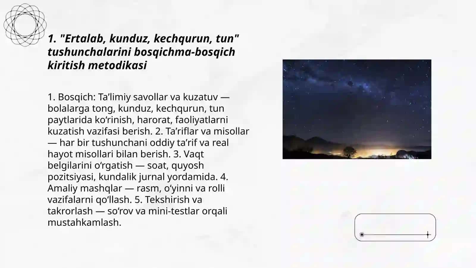 "Ertalab","Kunduz","Kechqurun","Tun" tushunchalarni o'rgatish metodikasi 3