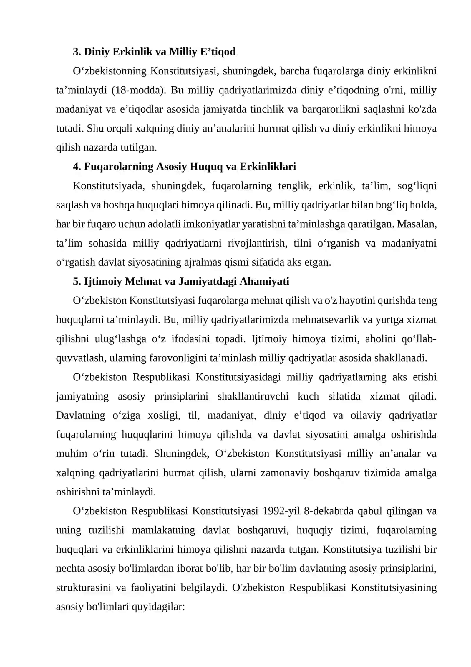 Konstitutsiyada jahon konstitutsiyaviy rivojlanish tajribalalari hamda milliy qadriyatlarning aks etishi. O'zbekiston Respublikasi Konstitutsiyasining tuzilishi va o'ziga xos xususiyatlari 3