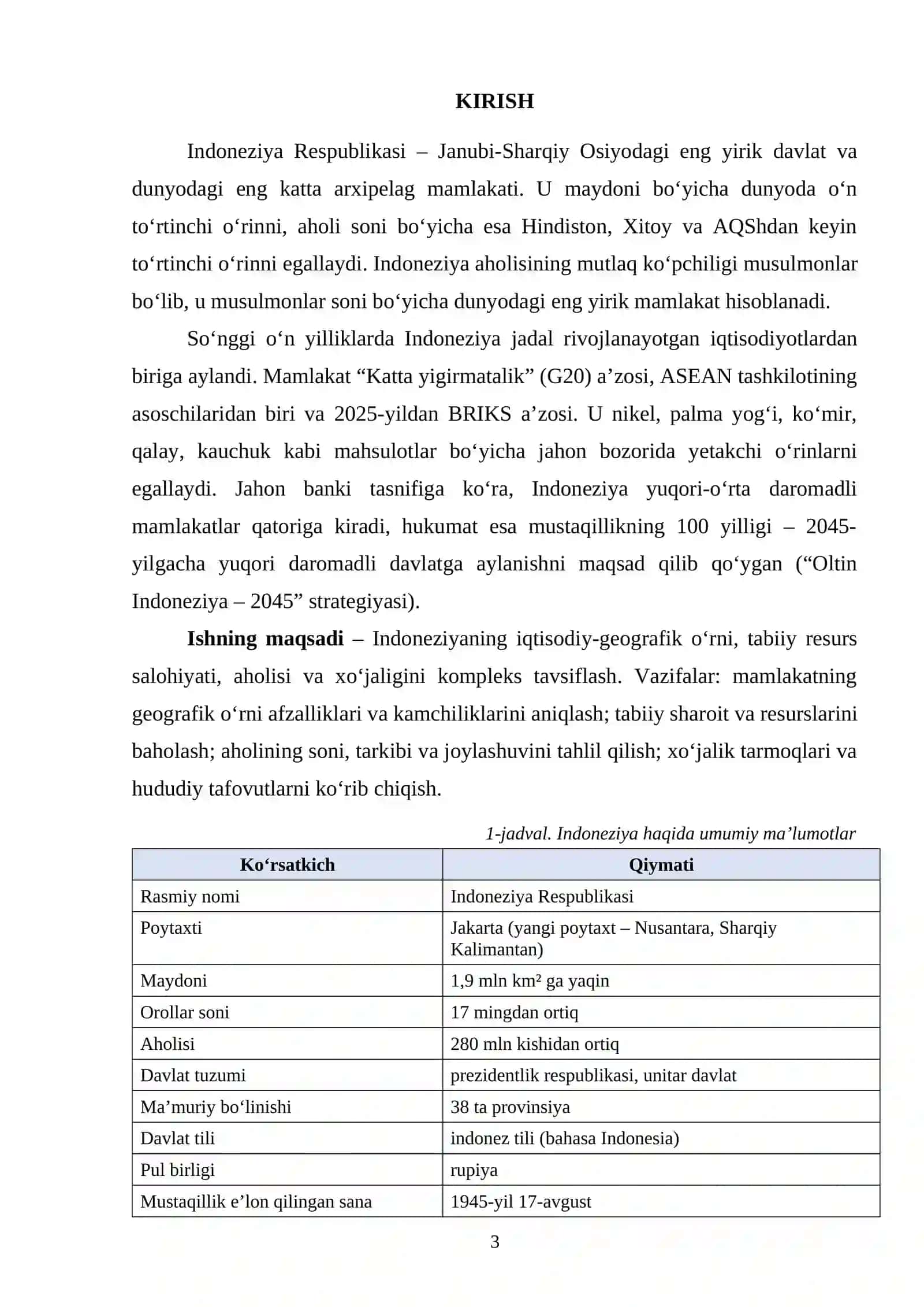indoneziya iqtisodiy geografik oʻrni tabiiy resurslari aholisi va xoʻjaligi 3